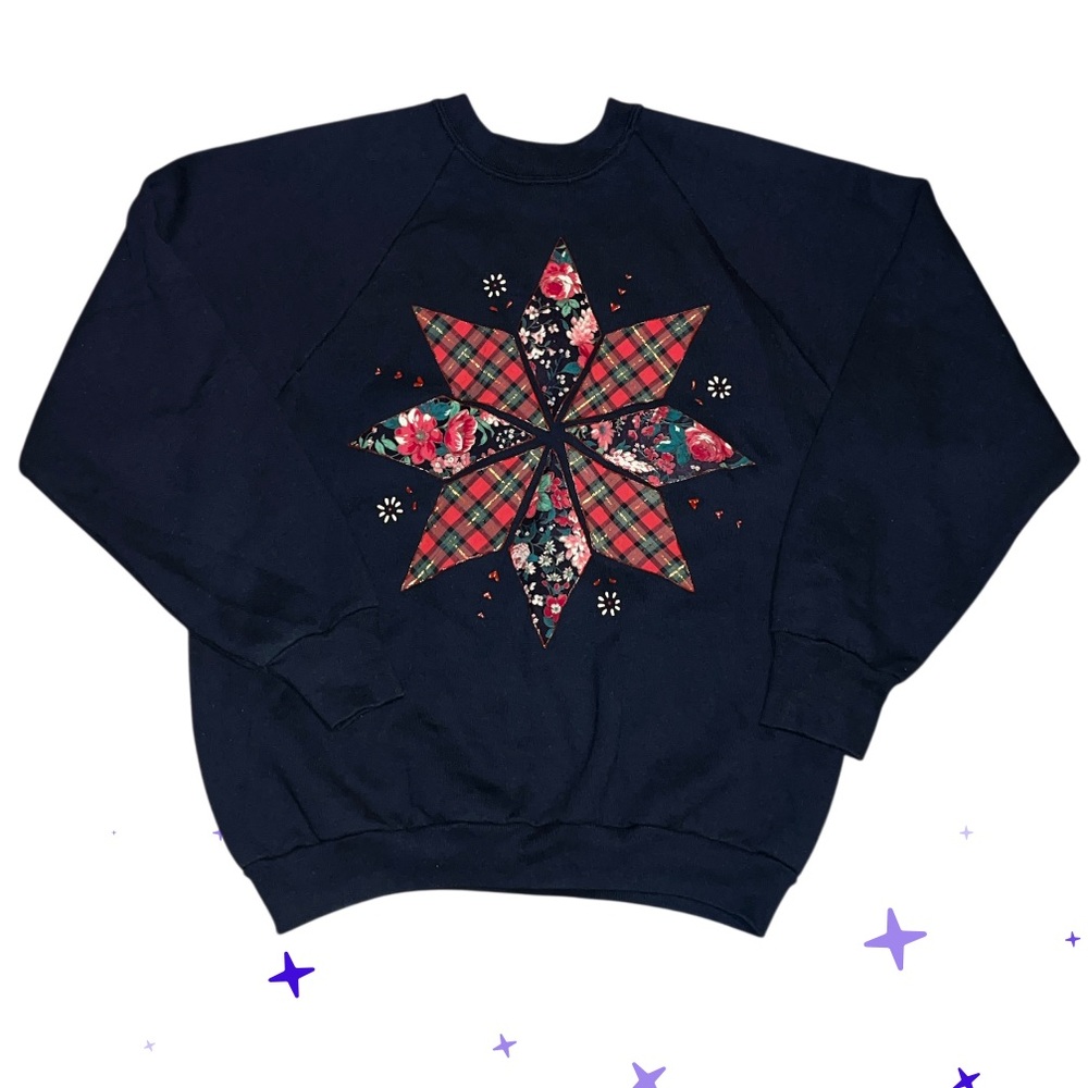 Vintage handmade Christmas holiday ugly Crewneck sweatshirt patchwork artsy red